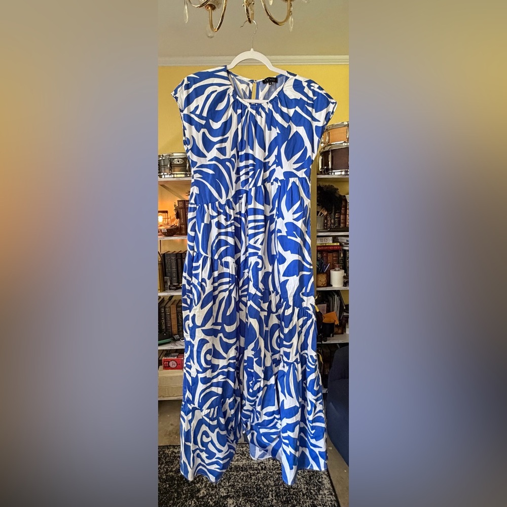 1. State Blue and White Abstract Print Tiered Maxi Skirt